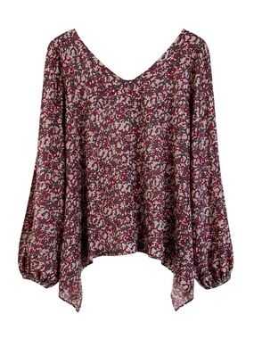 BCBGeneration Flowy High-Low Blouse Small – Multicolor Print with Keyhole Back